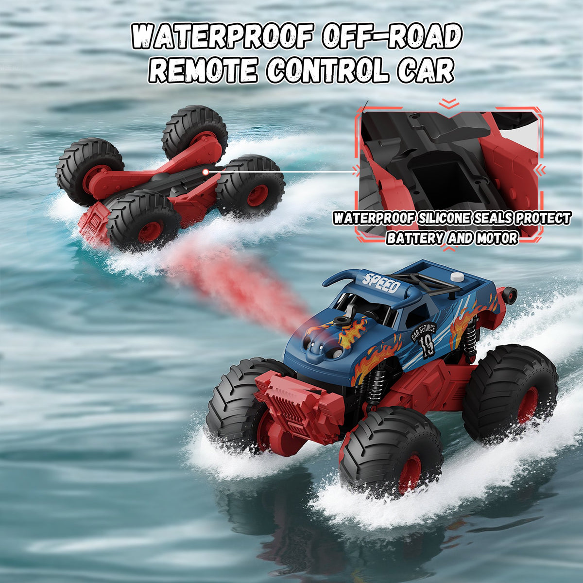 Vecukty 4WD Amphibious RC Monster Truck, Waterproof Remote Control Off Road Pickup Truck with LED Lights & Water Spray, 2.4GHz All Terrain RC Car, Toy Gift for Boys Girls Kids 4-12 Years Old