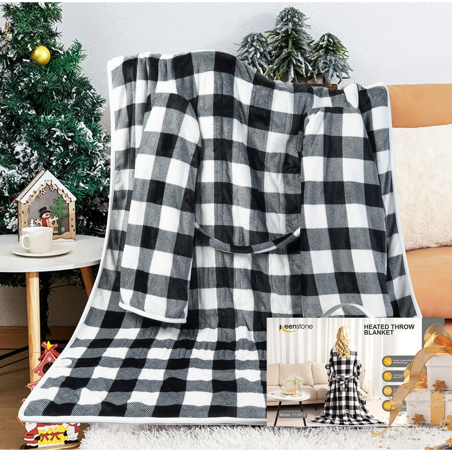 Wearable Electric Heating Blanket with Waistband and Sleeves - VECUKTY Cozy Plaid Heated Throw with 6 Heat Levels and Timer Settings - 50 x 70 inch,Gray