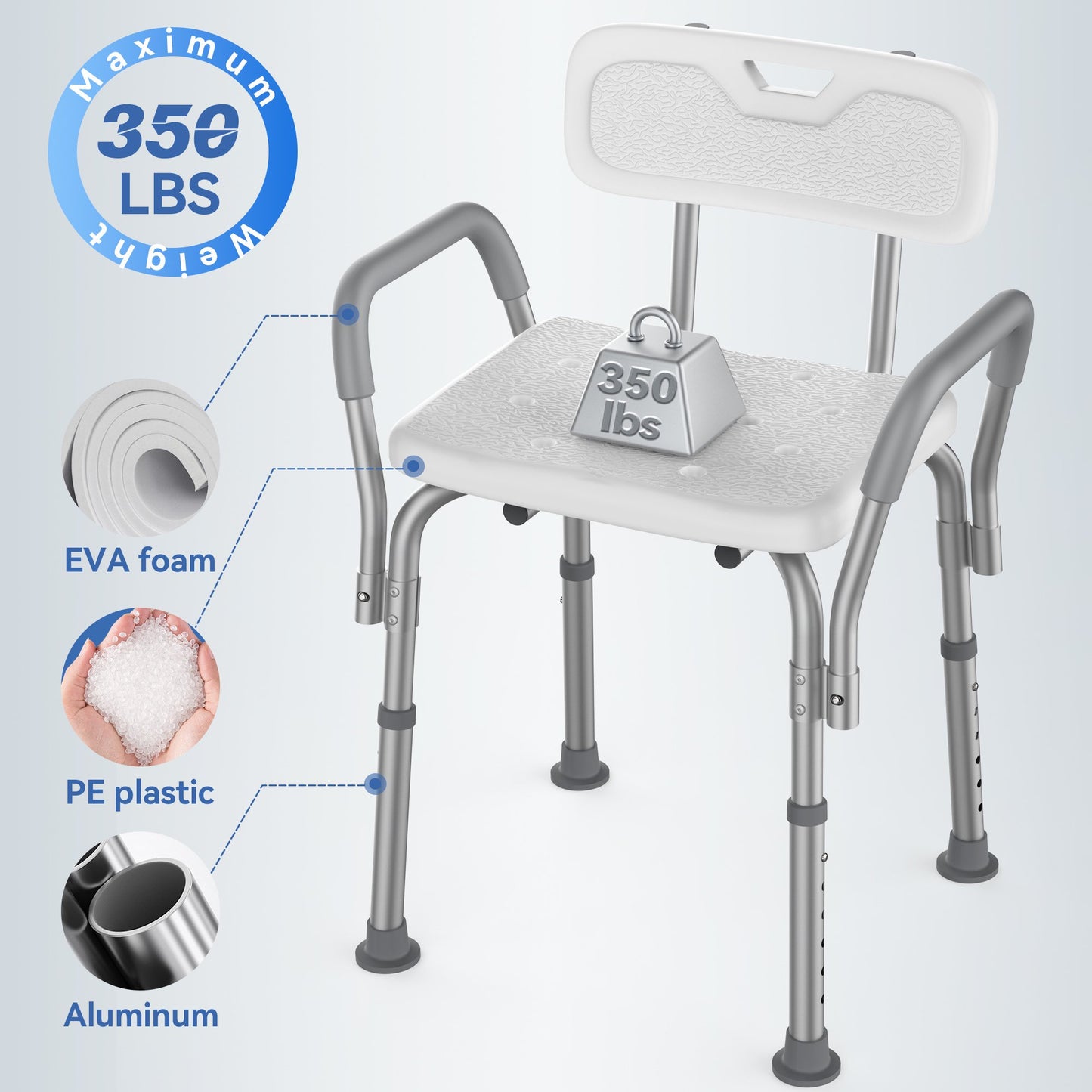 SACVON Shower Chair for Inside Shower with Arms and Back, 350 lbs Heavy Duty Shower Seat for Bathtub, Height Adjustable Safety Bath Seat for Elderly, Adults, Handicap and Disabled