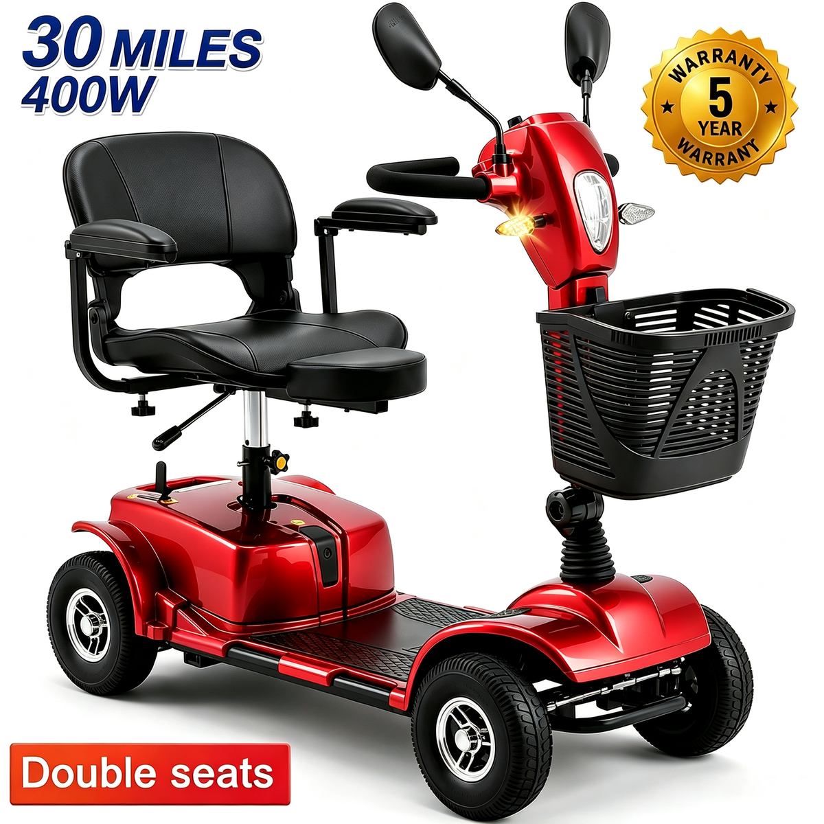 SACVON 4 Wheel Mobility Scooter for Seniors, 30 Miles Long Range Travel Powered Scooter with 330lbs Capacity, 400W Motor, 9" Anti-Explosion Tires, Extended Comfort Swivel Seat, Red