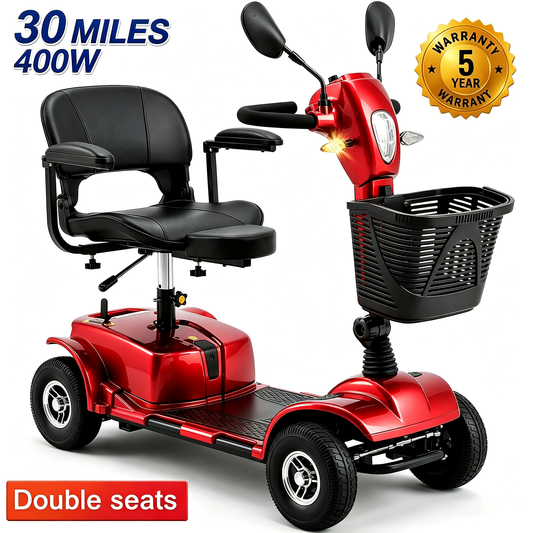 SACVON 4 Wheel Mobility Scooter for Seniors, 30 Miles Long Range Travel Powered Scooter with 330lbs Capacity, 400W Motor, 9" Anti-Explosion Tires, Extended Comfort Swivel Seat, Red
