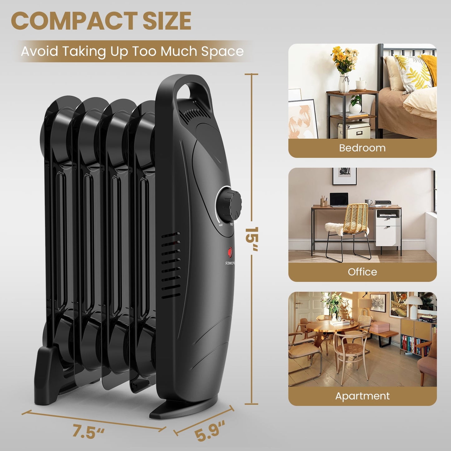 VECUKTY Mini Oil Heater, 500W Quiet Oil-Filled Radiator Heater with Thermostat, Overheat Protection, 2 Heat Settings, Electric Space Heater for Indoor Use