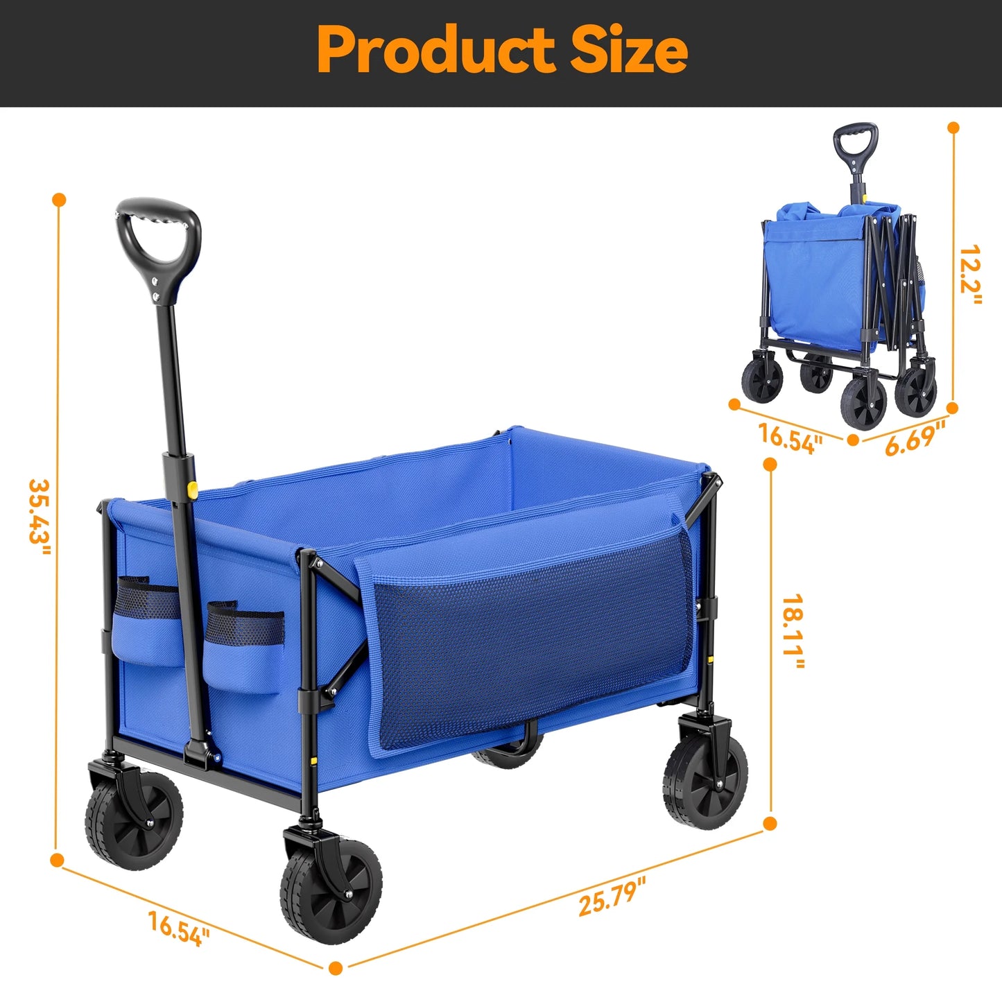 Vecukty Collapsible Folding Wagon,Portable Utility Wagon Cart for Outdoor Camping, Shopping, Sports, Grocery, Kids, Blue