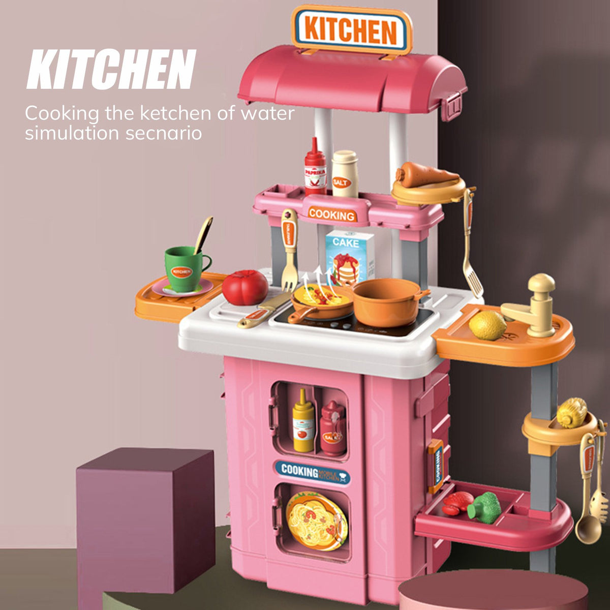 Vecukty 49Pcs Pretend Play Kitchen Set for Kids, Toy Cooking Set with Kitchen Accessories, Gift for Toddlers Girls Boys