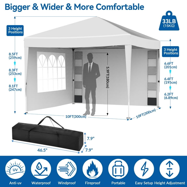 VECUKTY 10 x 10ft Pop up Canopy Tent with Sidewalls, Wheeled Bag, Shelter for Outdoor Shade, White