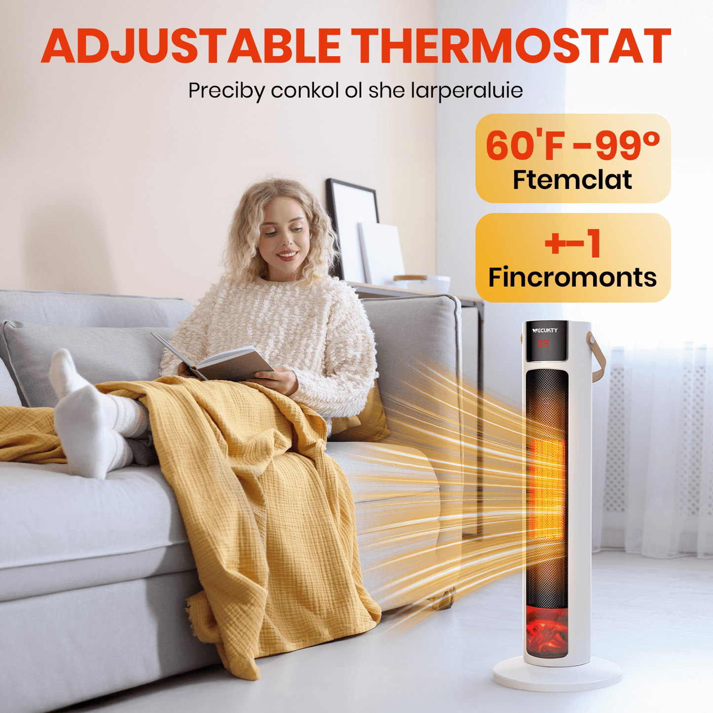 VECUKTY 26" Tower Space Heater with 3D Flame, 1500W Portable Electric Tower Electric Heater, 60 °Oscillation, 9H Timer,Remote Control for Indoor Bedroom Office Home