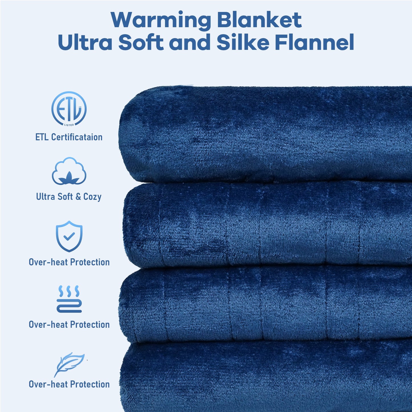 Keenstone Double-sided Flannel Electric Heated Blanket Queen Size Dual Control, 84"x90" Machine Washable Fast Heating Blanket with 6 Heating Levels &10 Hours Auto Off,Blue