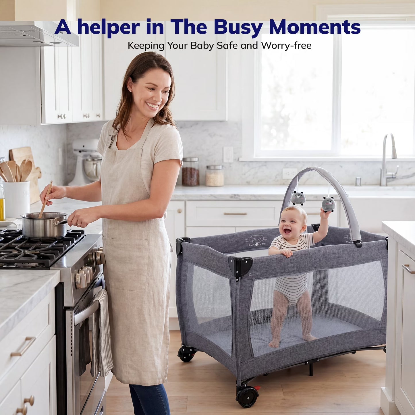 SACVON Baby Playard with Detachable Infant Bassinet and Changing Table, Foldable Travel Play Yard with Storage Basket and Wheels, Gray