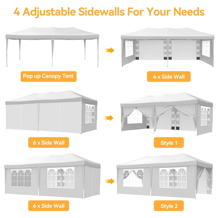 VECUKTY 10 x 20ft Pop up Canopy Tent with 6 Sidewalls, Wheeled Bag, Shelter for Outdoor Shade,White