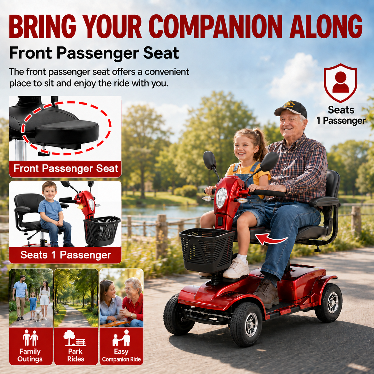 SACVON 4 Wheel Mobility Scooter for Seniors, 30 Miles Long Range Travel Powered Scooter with 330lbs Capacity, 400W Motor, 9" Anti-Explosion Tires, Extended Comfort Swivel Seat, Red