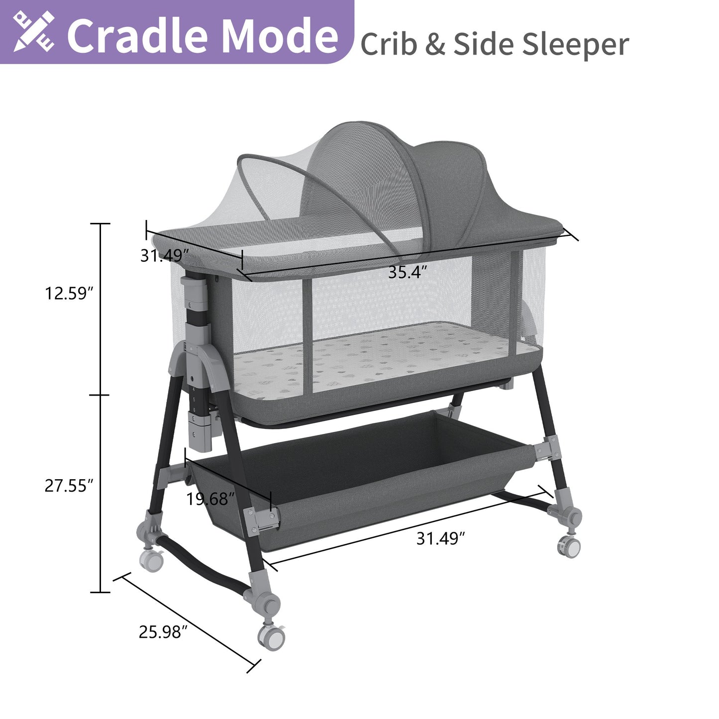 SACVON Baby Bassinet, Beside Sleeper for Baby, Bedside Bassinet with Storage Basket and Wheels to Reduce Mom's Fatigue, Gray