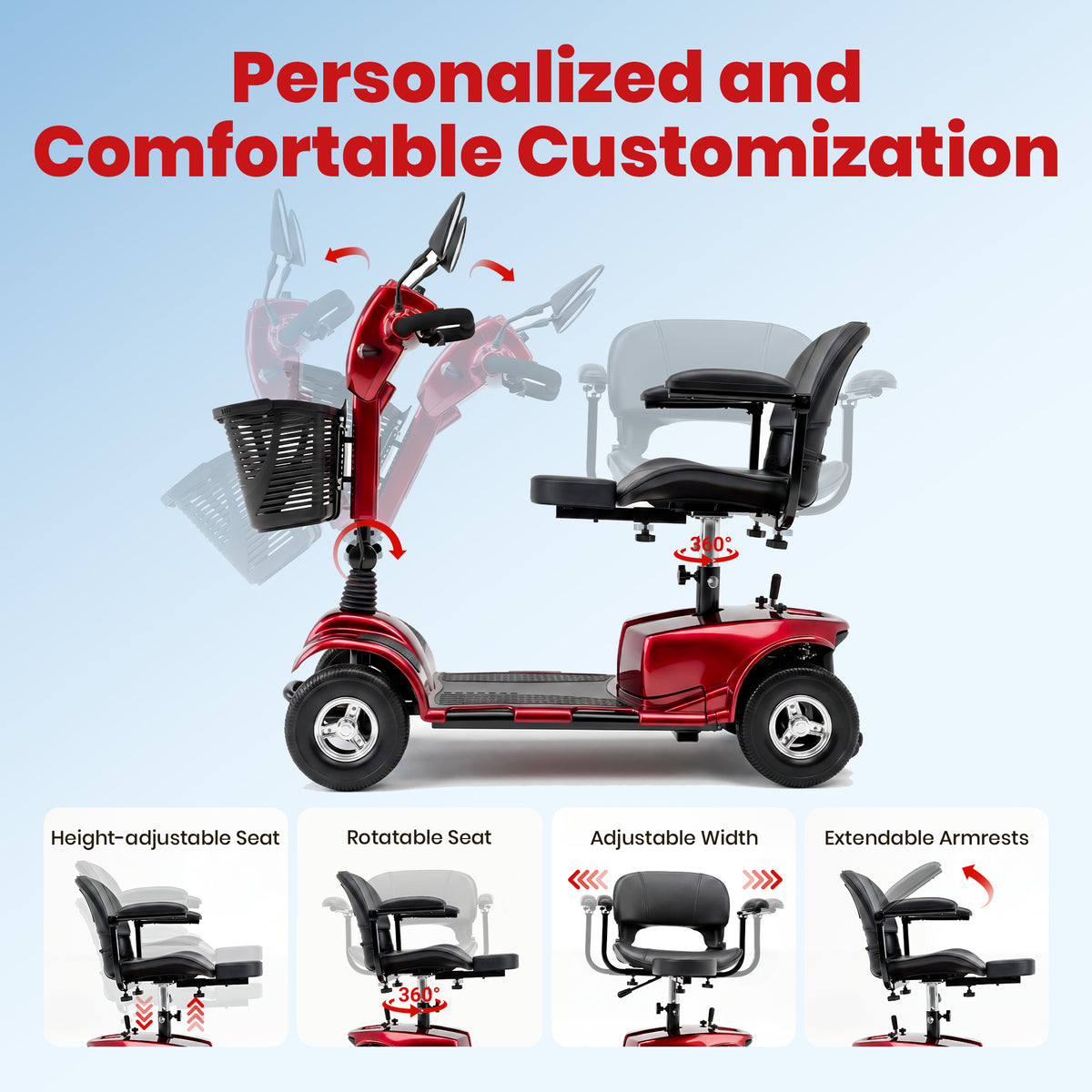 SACVON 4 Wheel Mobility Scooter for Seniors, 30 Miles Long Range Travel Powered Scooter with 330lbs Capacity, 400W Motor, 9" Anti-Explosion Tires, Extended Comfort Swivel Seat, Red