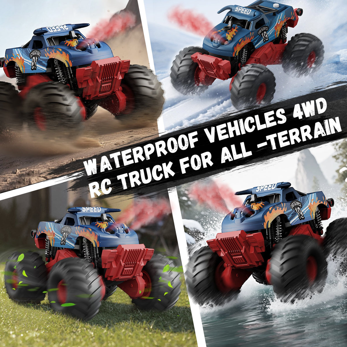 Vecukty 4WD Amphibious RC Monster Truck, Waterproof Remote Control Off Road Pickup Truck with LED Lights & Water Spray, 2.4GHz All Terrain RC Car, Toy Gift for Boys Girls Kids 4-12 Years Old