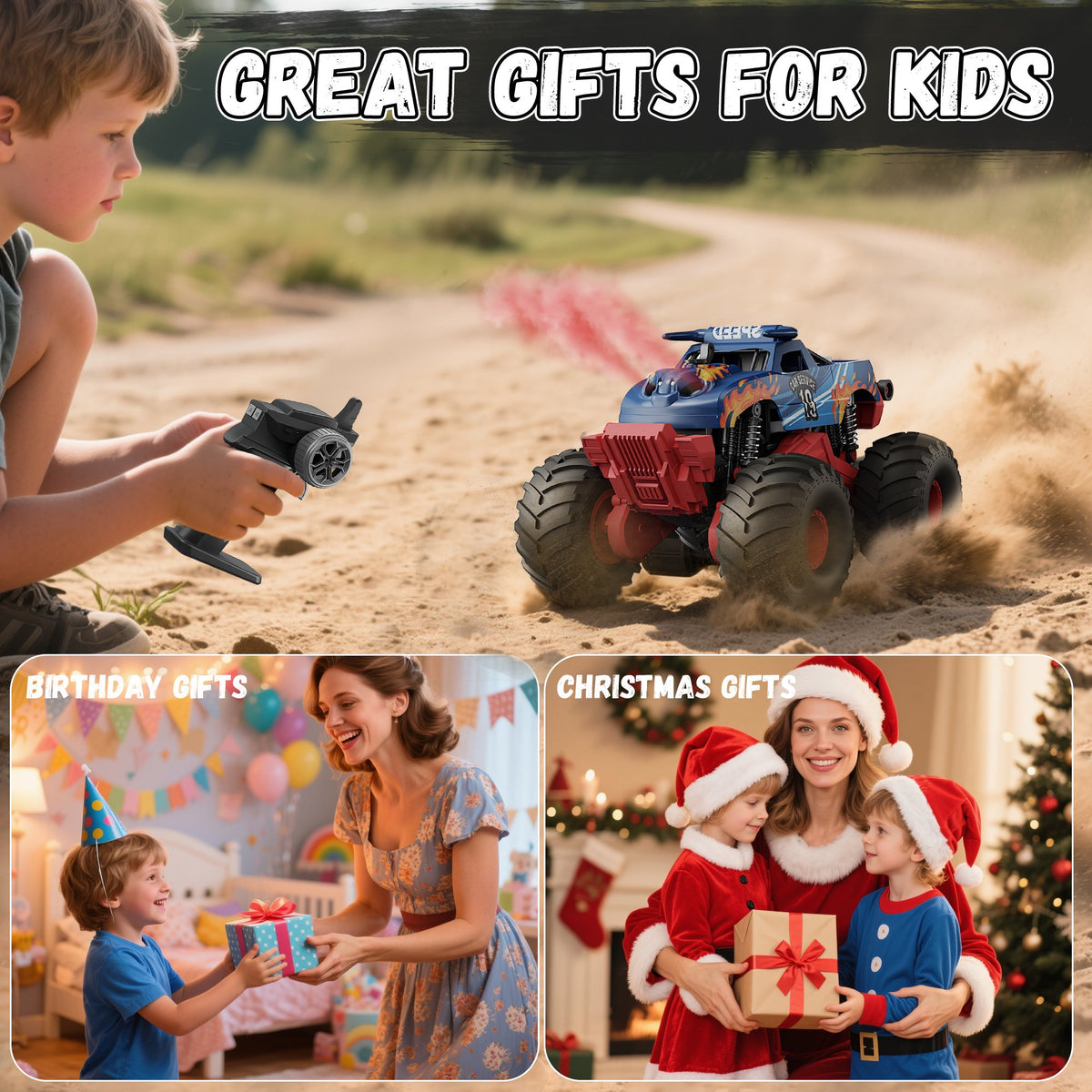 Vecukty 4WD Amphibious RC Monster Truck, Waterproof Remote Control Off Road Pickup Truck with LED Lights & Water Spray, 2.4GHz All Terrain RC Car, Toy Gift for Boys Girls Kids 4-12 Years Old