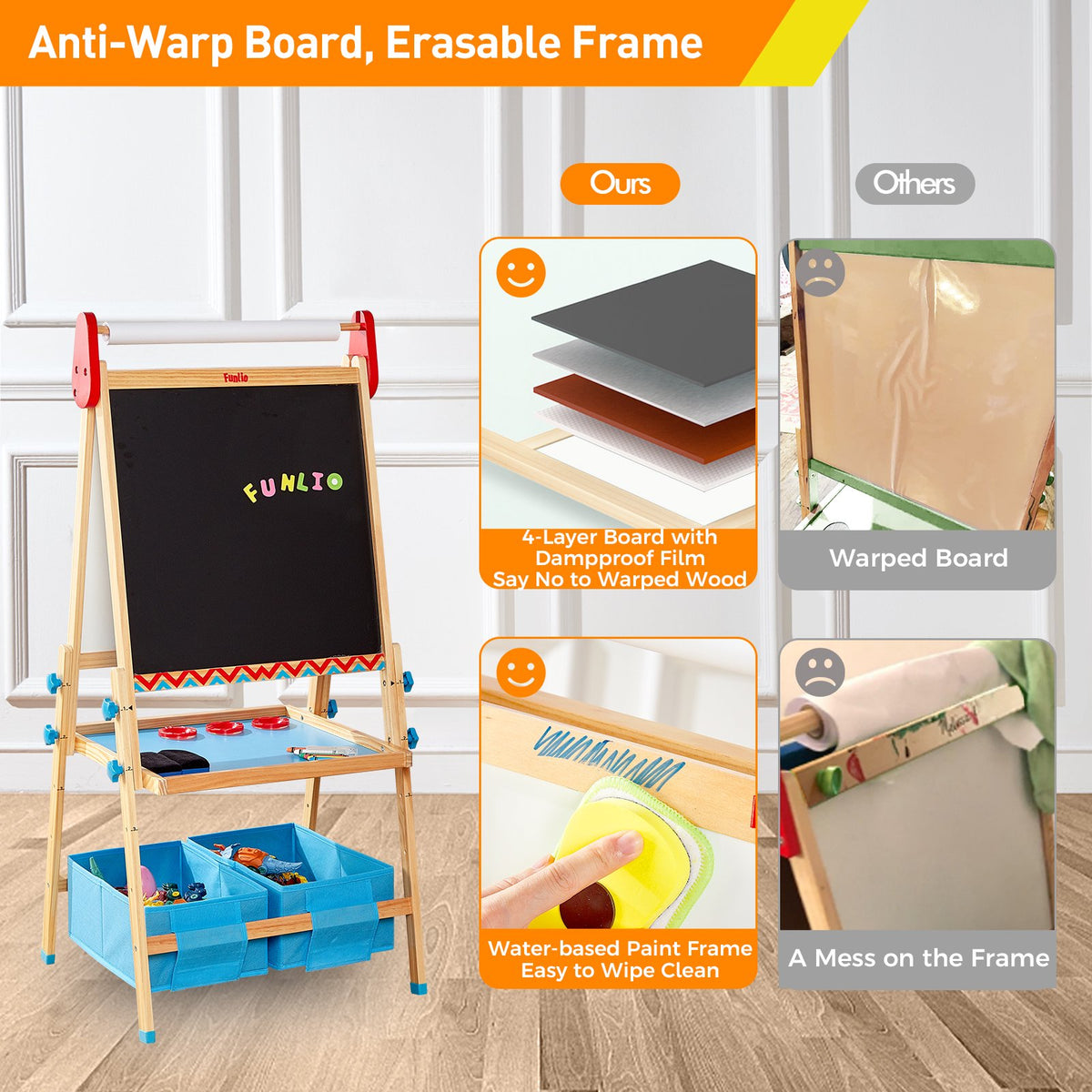 VECUKTY Kids Art Easel, Robot 3‑in‑1 Wooden Adjustable Height Magnetic Drawing Board & Chalkboard, Detachable Paper Roll Painting Stand Set for Toddlers Boys Girls Ages 3‑10