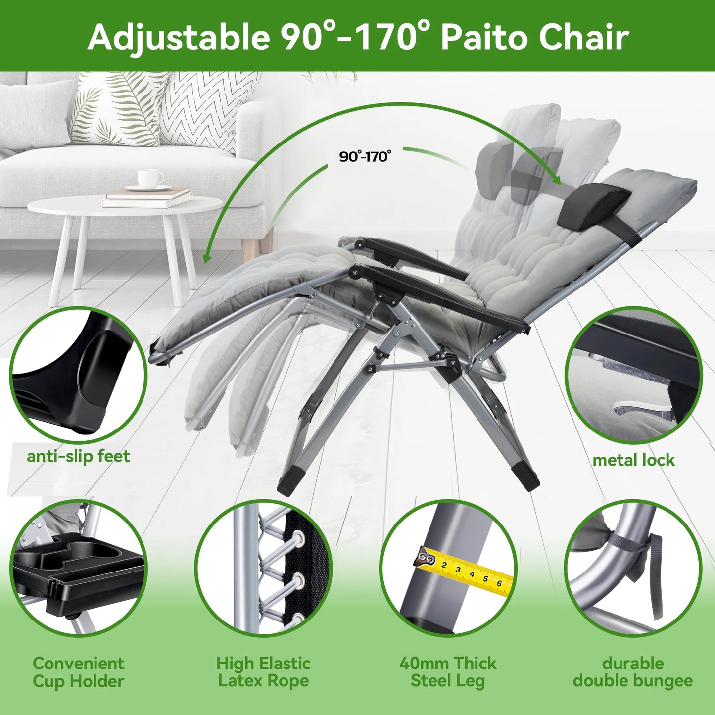 VECUKTY XL Oversize Zero Gravity Chair - 500lb Capacity, 29-Inch Wide Padded Seat, Folding Travel Recliner for Outdoor / Indoor Use - Patio, Lawn,Grey,Portable and Heavy Duty