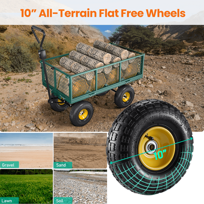 VECUKTY Heavy Duty Steel Dump Garden Cart with Liner, 900lbs Capacity Folding Utility Metal Wagon 3 Cu ft 10" Wheel, Green