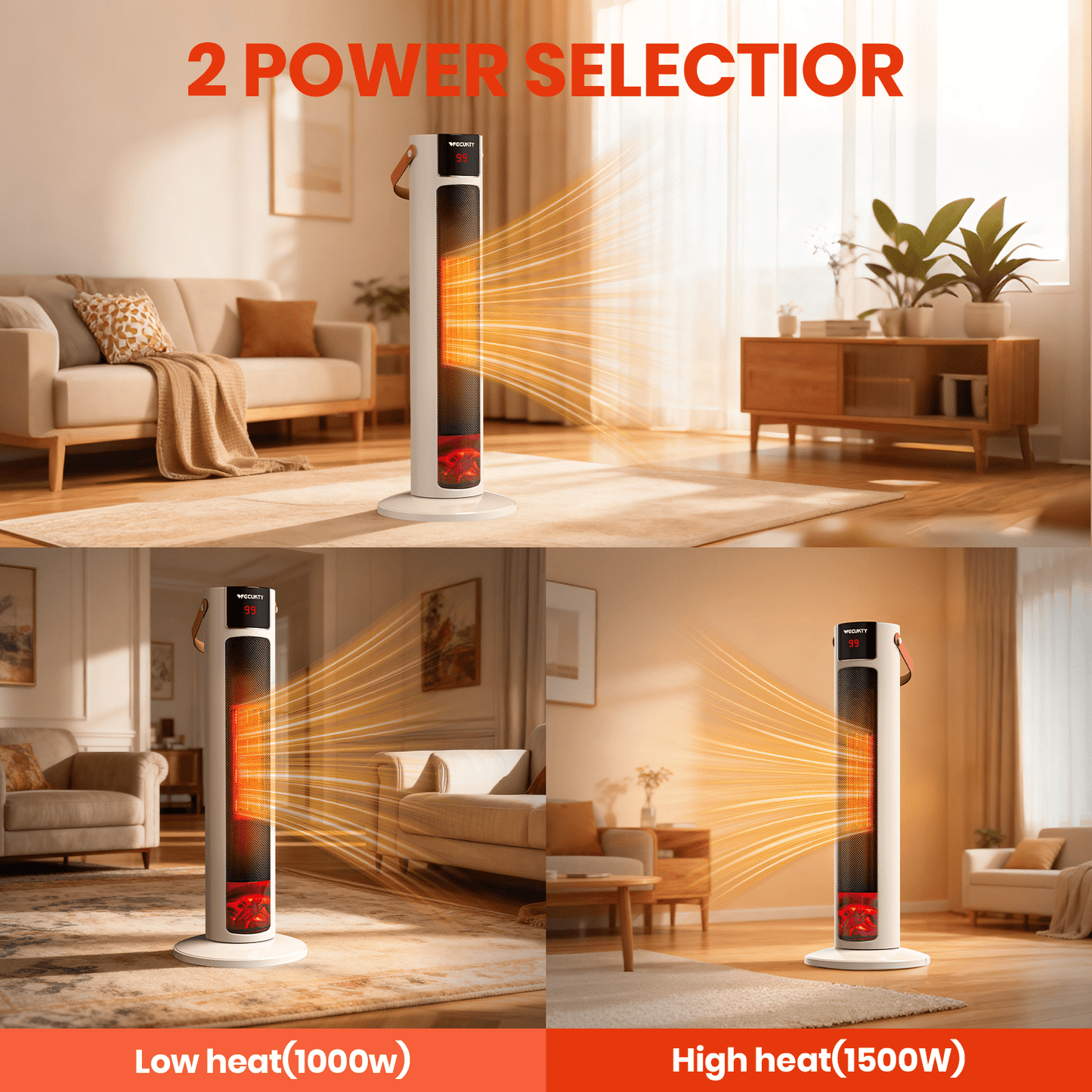 VECUKTY 26" Tower Space Heater with 3D Flame, 1500W Portable Electric Tower Electric Heater, 60 °Oscillation, 9H Timer,Remote Control for Indoor Bedroom Office Home