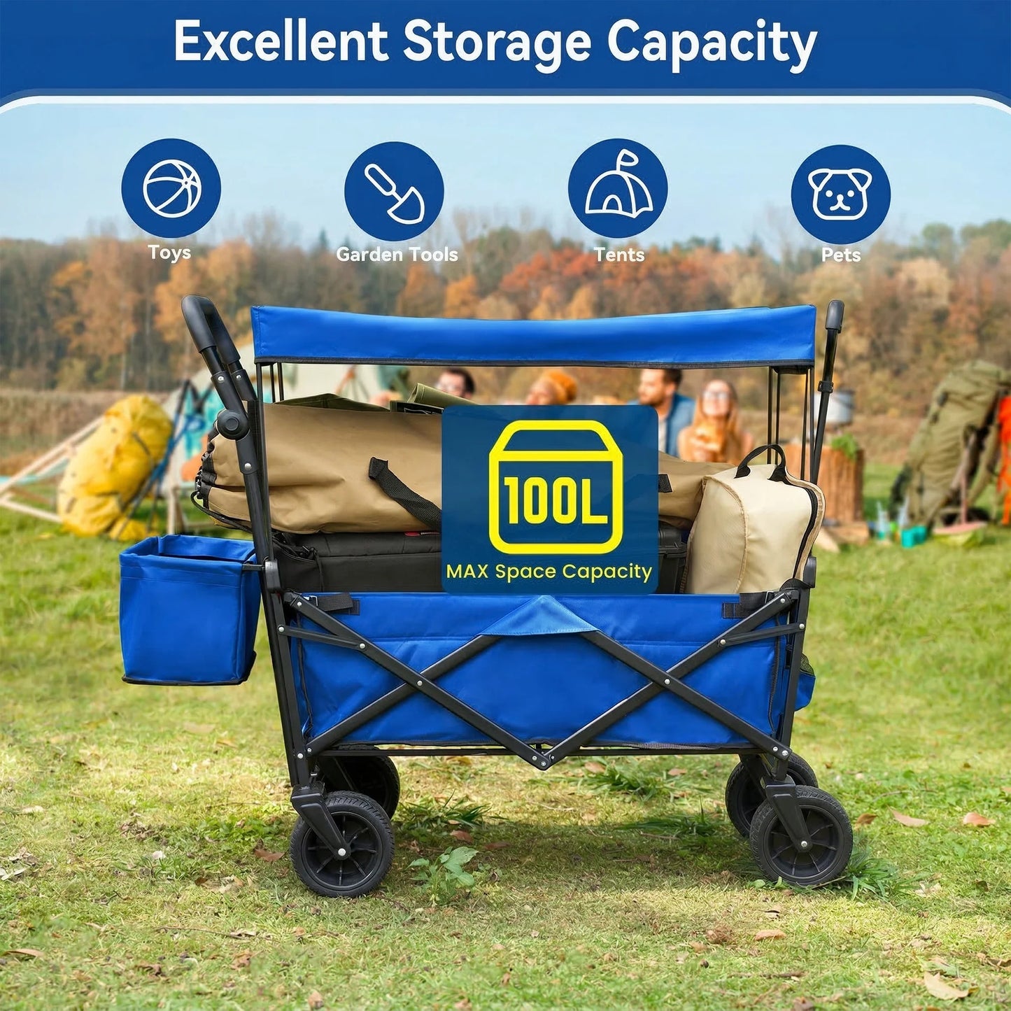 VECUKTY Collapsible Garden Wagon Cart with Removable Canopy Blue