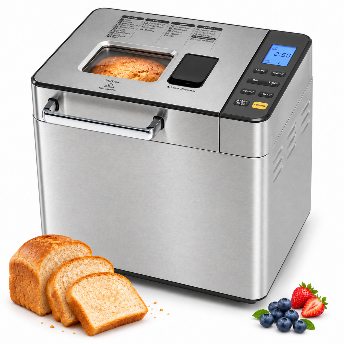 2LB 25-in-1 Stainless Steel Bread Maker Machine with Auto Fruit Nut Dispenser, Gluten-Free Setting, 13H Delay Timer & Keep Warm