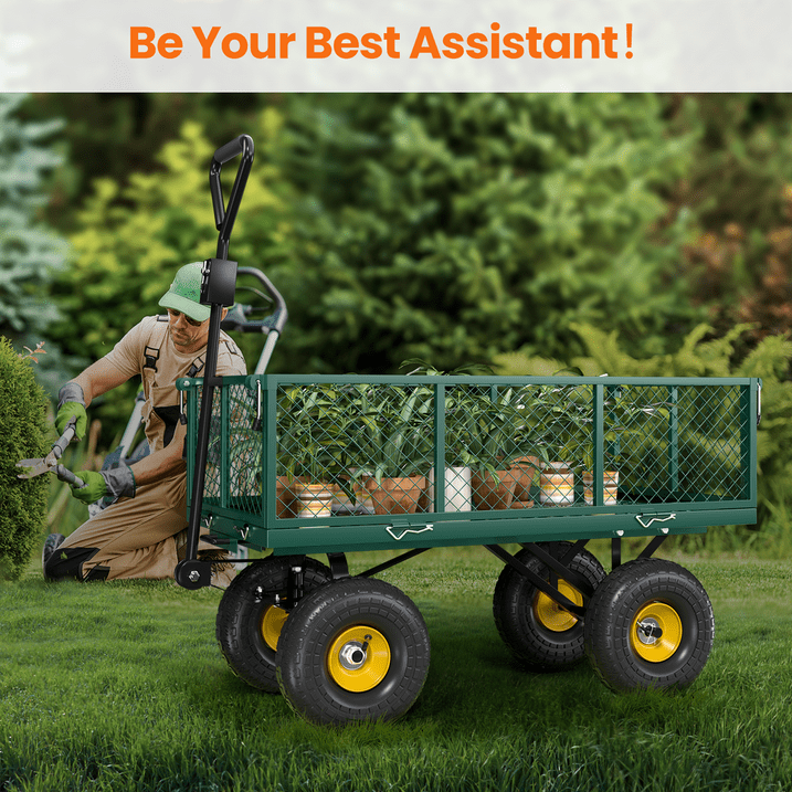 VECUKTY Heavy Duty Steel Dump Garden Cart with Liner, 900lbs Capacity Folding Utility Metal Wagon 3 Cu ft 10" Wheel, Green