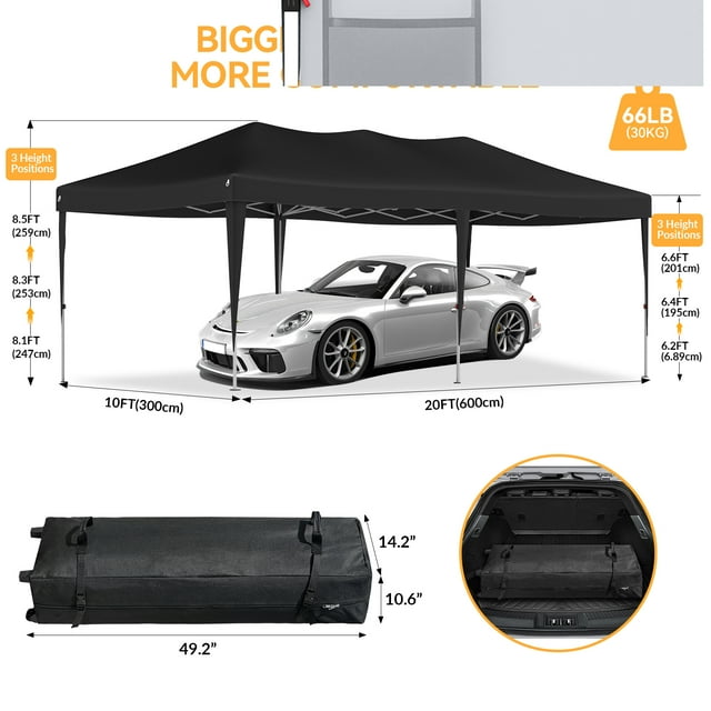 VECUKTY 10 x 20ft Pop up Canopy Tent with 6 Sidewalls, Wheeled Bag, Shelter for Outdoor Shade,Black