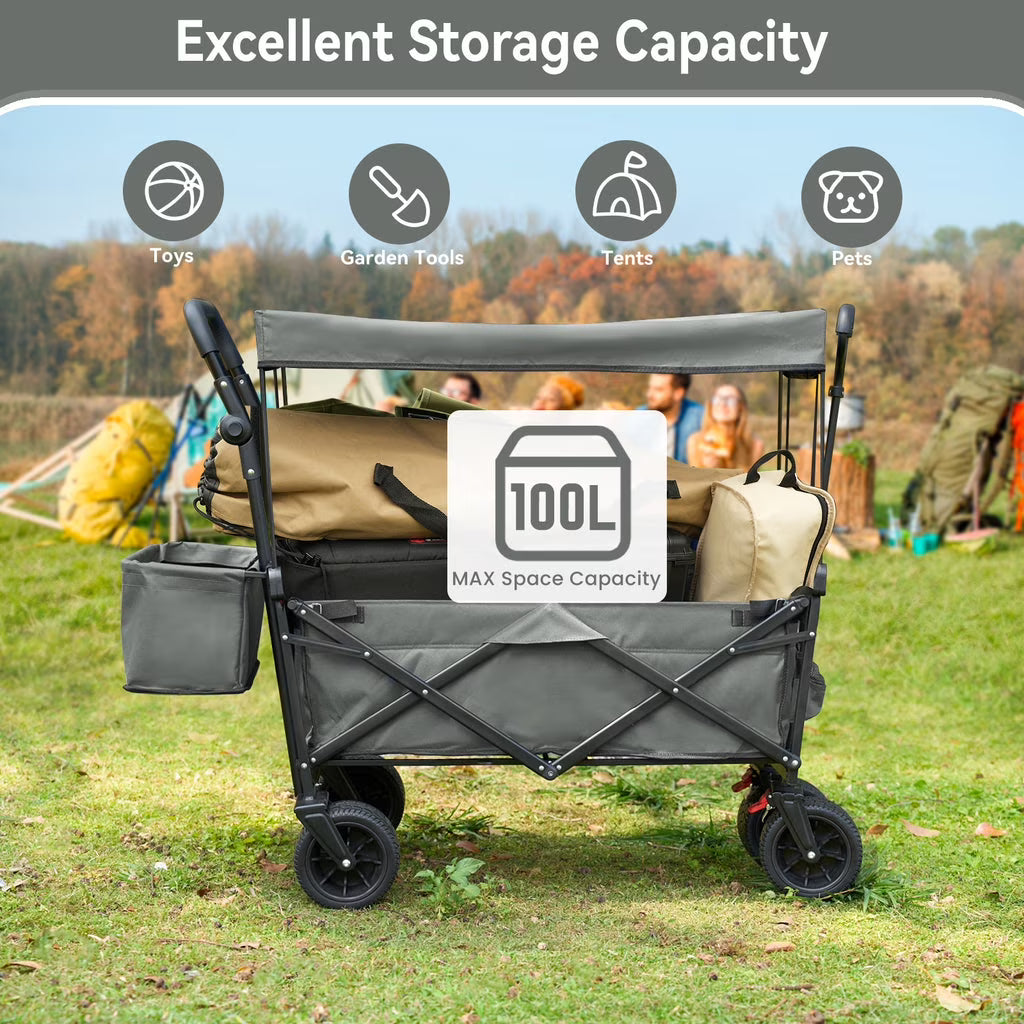 VECUKTY Collapsible Garden Wagon Cart with Removable Canopy Gray