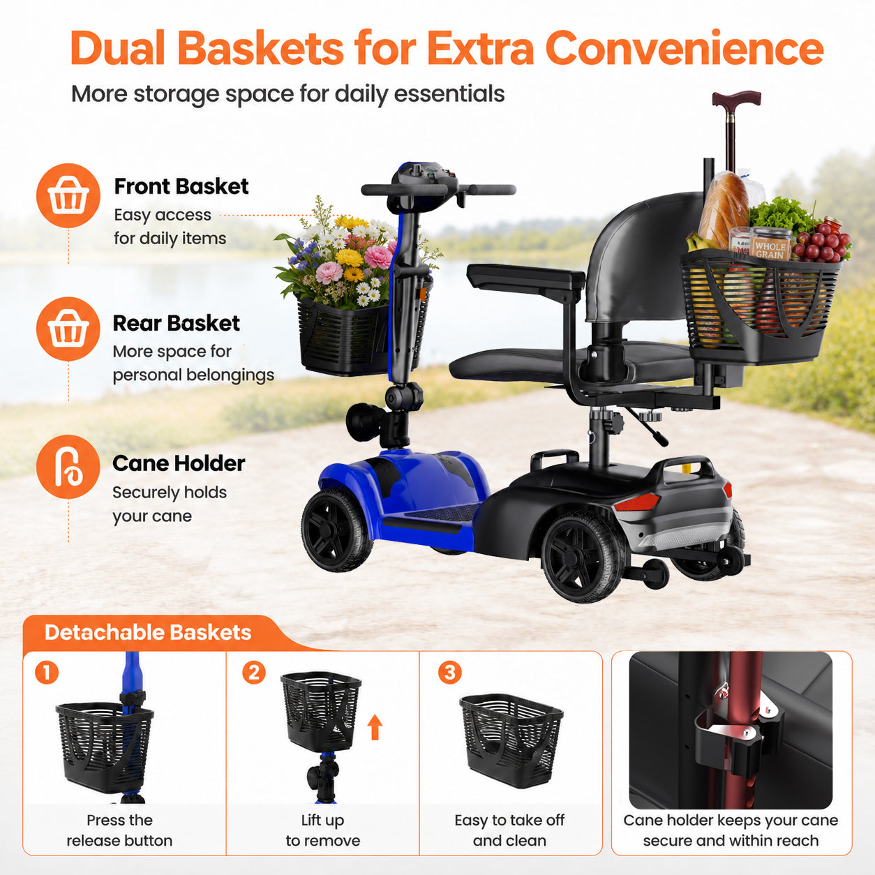 SACVON 4 Wheel Mobility Scooter for Seniors, with 330 lbs Capacity, 250W Motor, Long Battery Life, Comfort Swivel Seat, Detachable Dual Baskets, USB Port & LED Light, Blue