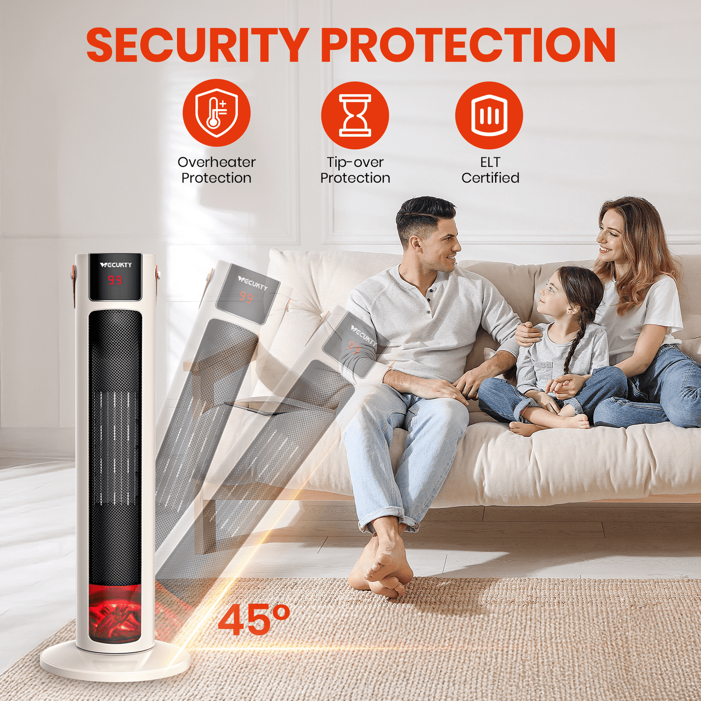 VECUKTY 26" Tower Space Heater with 3D Flame, 1500W Portable Electric Tower Electric Heater, 60 °Oscillation, 9H Timer,Remote Control for Indoor Bedroom Office Home