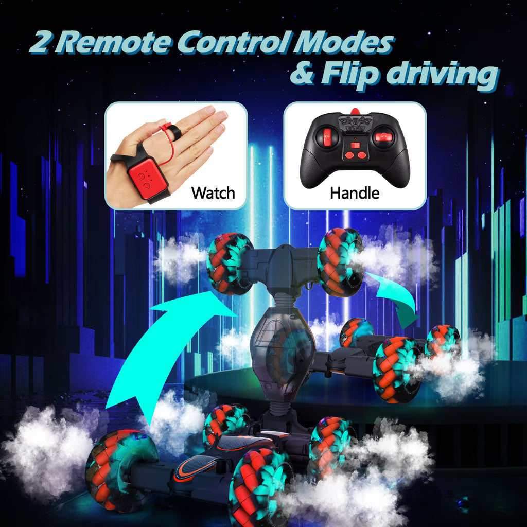 RC Stunt Car Twisting Snake, Vecukty 1:10 Spray Giant Wheel Remote Control Toy Car with High-Speed Climbing and Colorful Gradient Lights with Music,Red