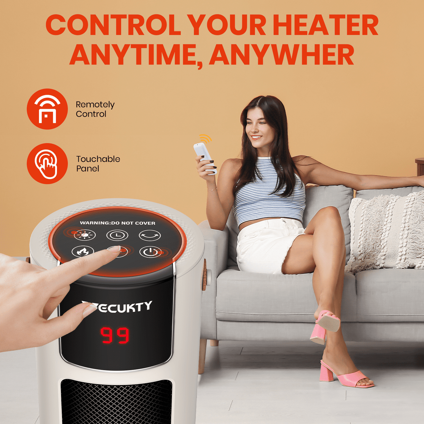 VECUKTY 26" Tower Space Heater with 3D Flame, 1500W Portable Electric Tower Electric Heater, 60 °Oscillation, 9H Timer,Remote Control for Indoor Bedroom Office Home