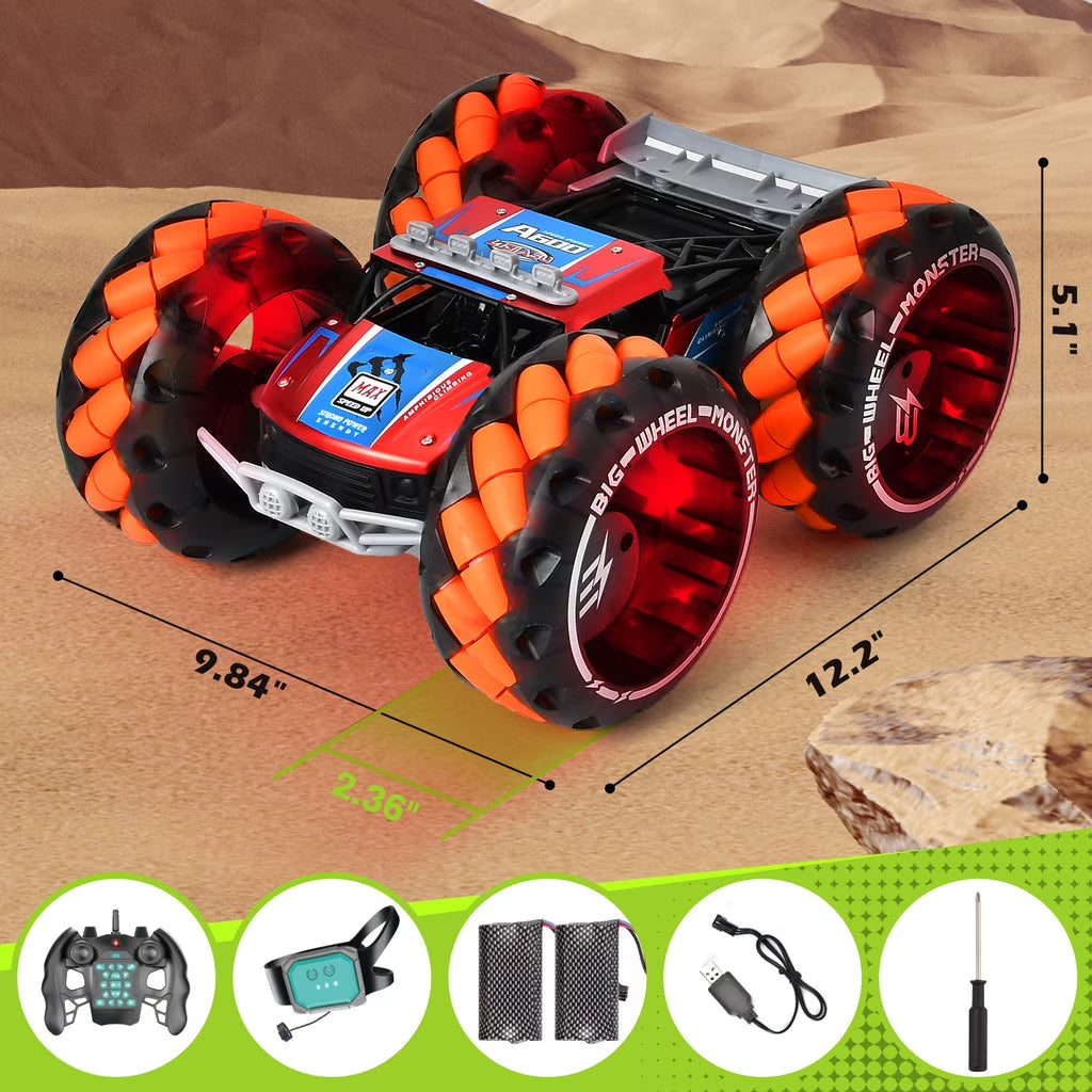 Vecukty 08 Red and Orange RC Stunt Car, 4-Wheel Remote Control Off-Road Toy Car with Lights, Music and 360 Rotation