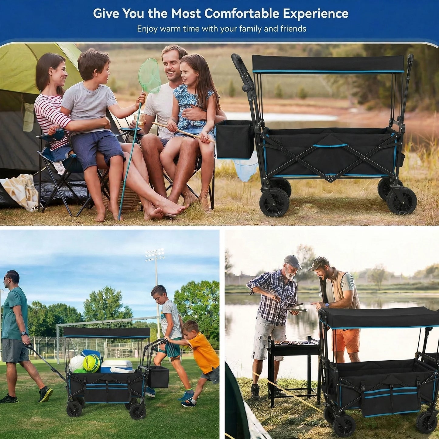 VECUKTY Collapsible Garden Wagon Cart with Removable Canopy Black