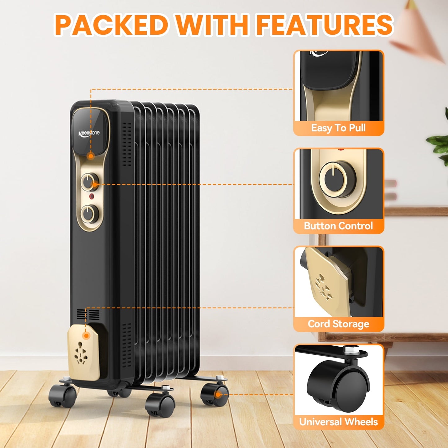 VECUKTY Oil Filled Radiator Heater, 1500W Portable Electric Space Heater, Adjustable Thermostat, 3 Heat Settings,Tip Overheat Protection Quiet Working, Black