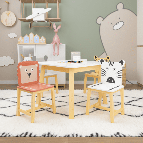 TCISA 5-Piece Kids' Wood Table Set with 4 Chairs - Cartoon Animal Design for Ages 3-8