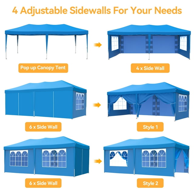 Vecukty 10 x 20 ft Blue Pop up Outdoor Canopies, Removable Sidewalls
