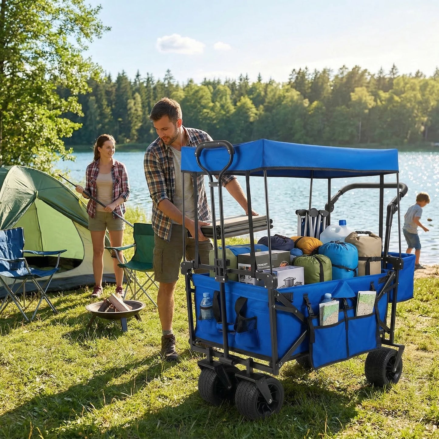 VECUKTY Collapsible Garden Wagon Cart with Removable Canopy Blue