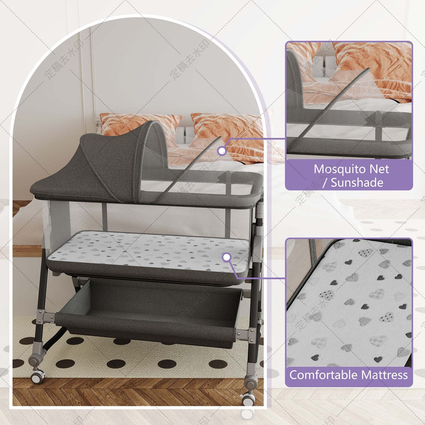 SACVON Baby Bassinet, Beside Sleeper for Baby, Bedside Bassinet with Storage Basket and Wheels to Reduce Mom's Fatigue, Gray