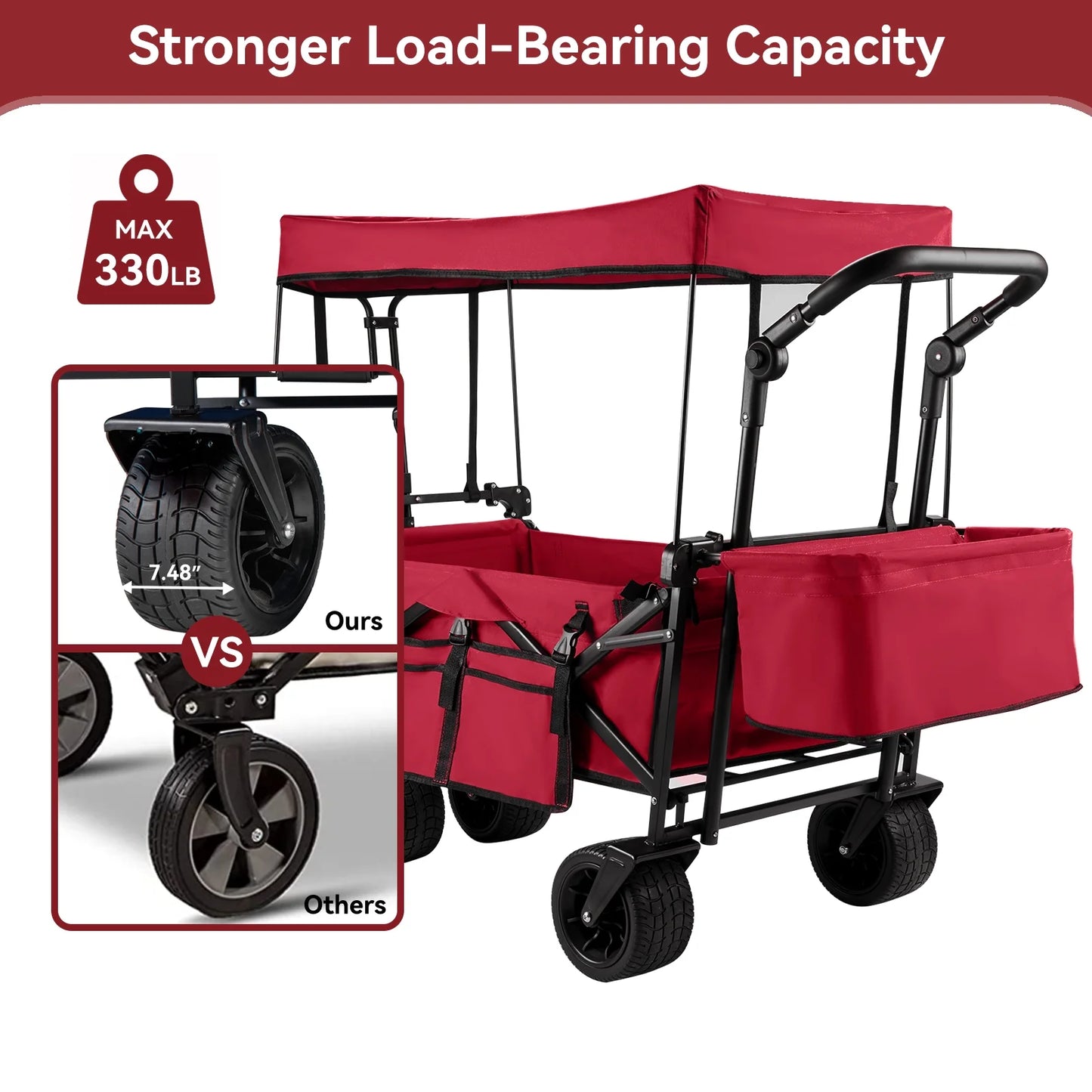 VECUKTY Collapsible Garden Wagon Cart with Removable Canopy Red