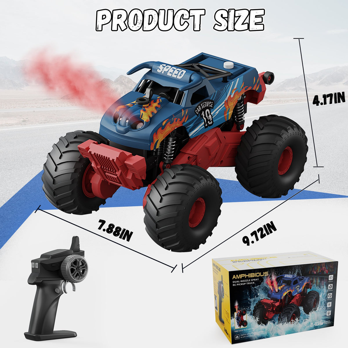 Vecukty 4WD Amphibious RC Monster Truck, Waterproof Remote Control Off Road Pickup Truck with LED Lights & Water Spray, 2.4GHz All Terrain RC Car, Toy Gift for Boys Girls Kids 4-12 Years Old