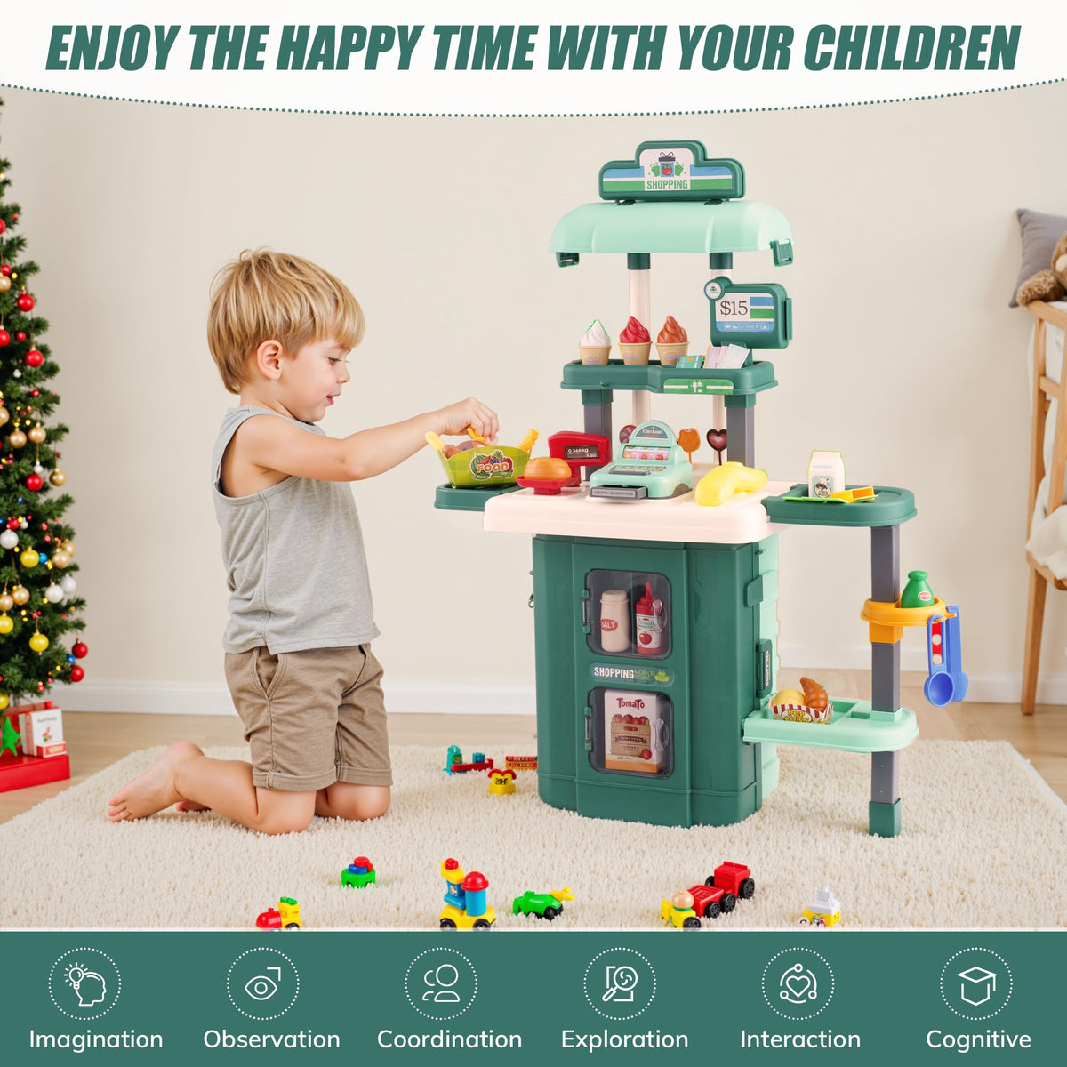 Vecukty 38Pcs Pretend Play Supermarket Set for Kids, Toy Shopping Cart with Food Accessories, Cash Register Role Play Kit, Gift for Girls Boys