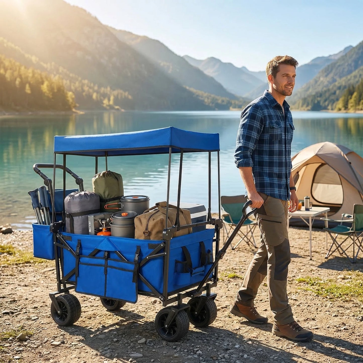 VECUKTY Collapsible Garden Wagon Cart with Removable Canopy Blue