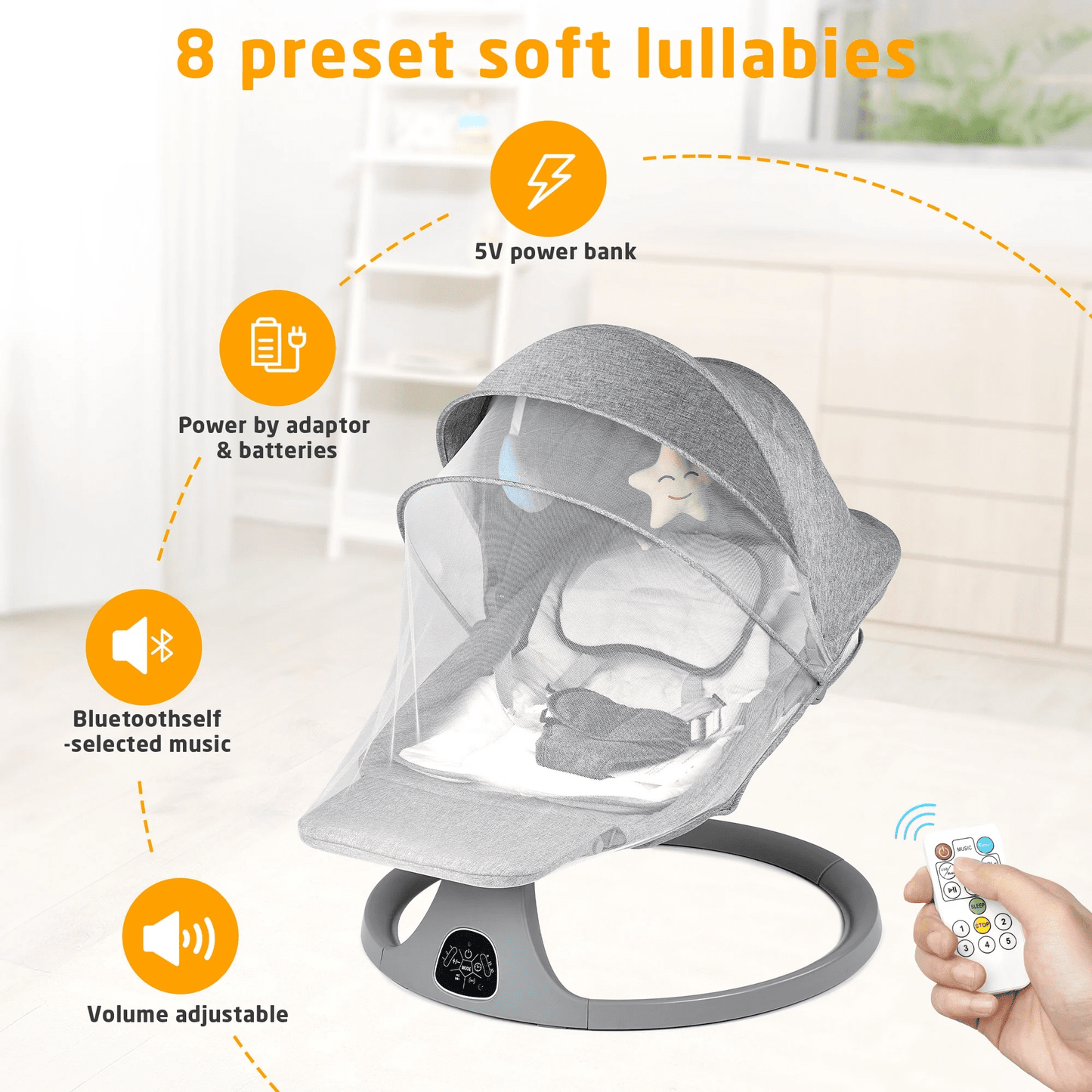 SACVON Baby Swing for Infants to Toddler, Baby Rocker for Infants with 5 Sway Ranges,Bluetooth Support Bouncers for 0-24 Months, Light Gray