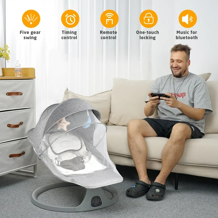 SACVON Baby Swing for Infants to Toddler, Baby Rocker for Infants with 5 Sway Ranges,Bluetooth Support Bouncers for 0-24 Months, Light Gray