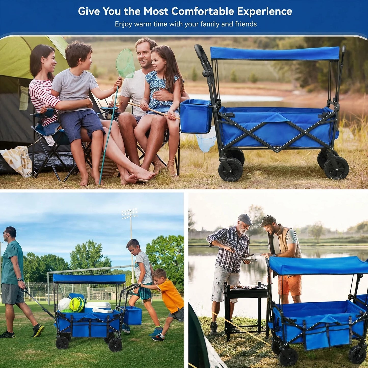 VECUKTY Collapsible Garden Wagon Cart with Removable Canopy Blue