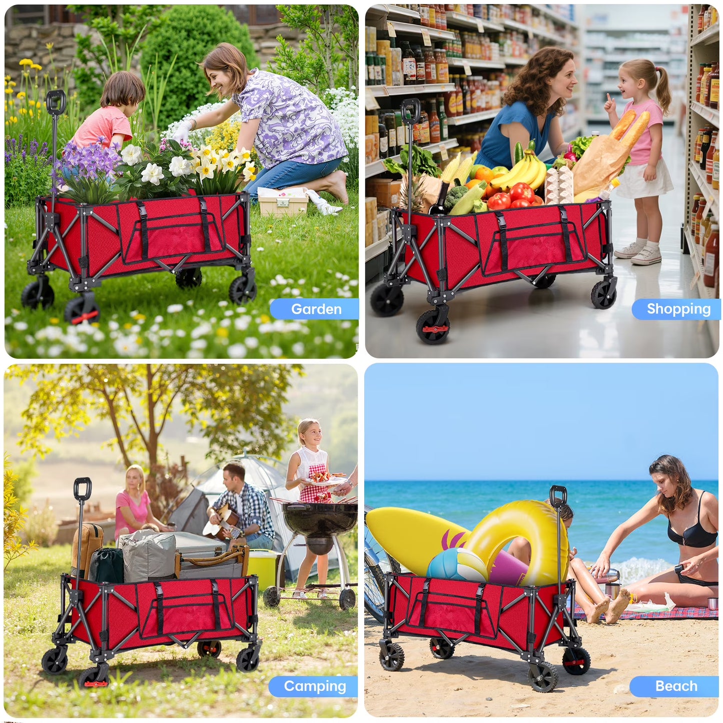 Gathered Collapsible Mini Camping Wagon, Vecukty Portable Foldable Cart, Heavy Duty Folding Utility Grocery Wagon with 150lbs, for Shopping,Sports,Fishing,Beach,Garden,Red