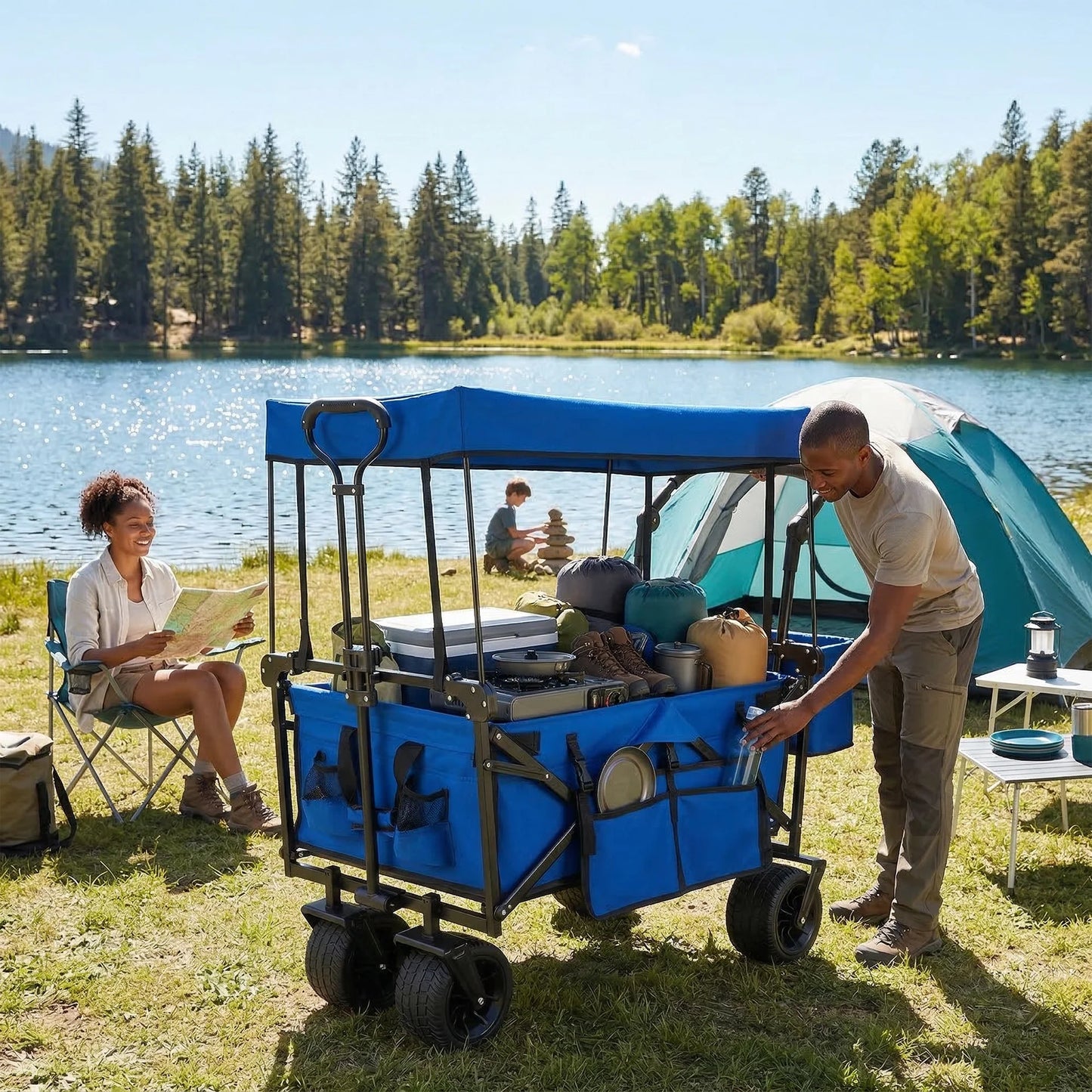 VECUKTY Collapsible Garden Wagon Cart with Removable Canopy Blue