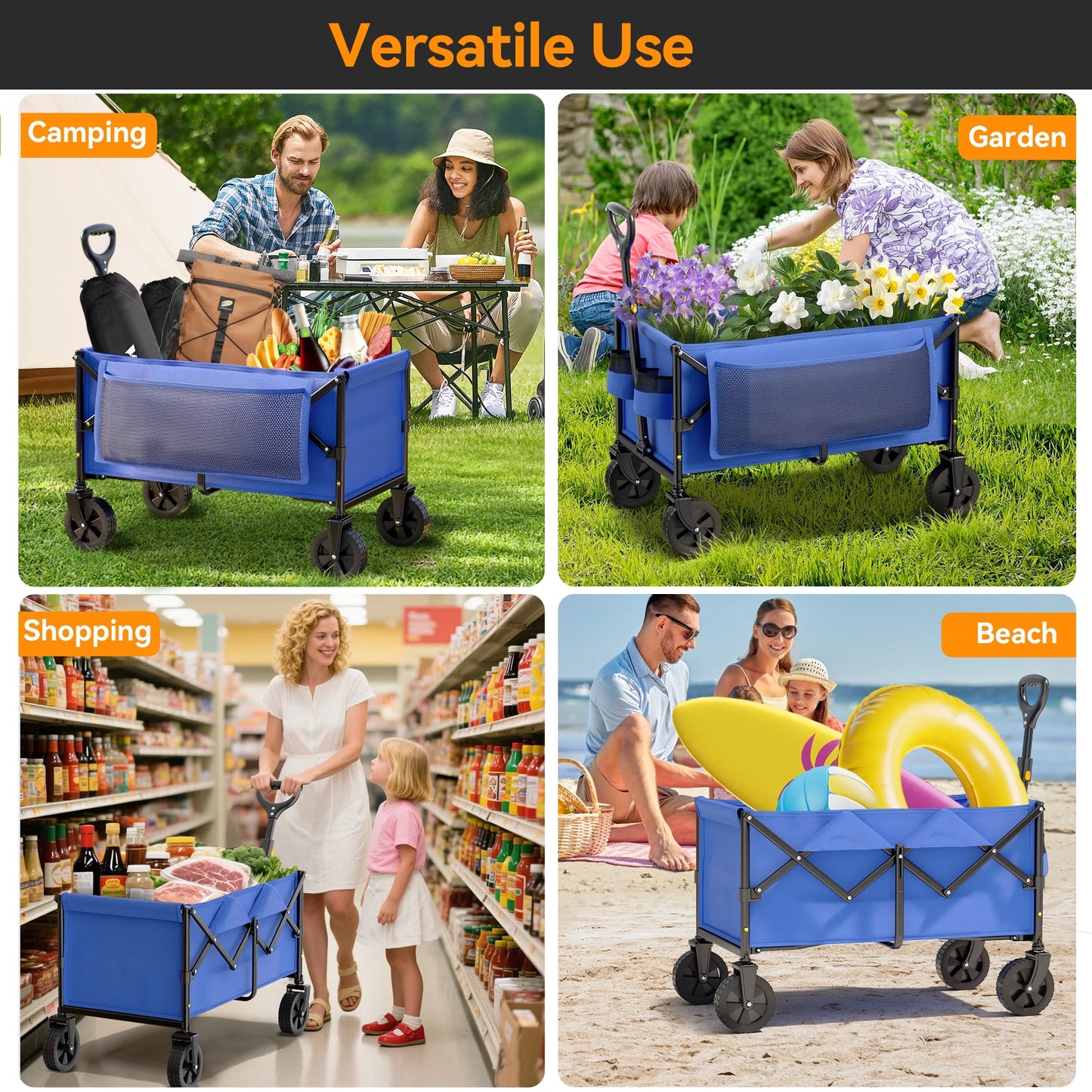 Vecukty Collapsible Folding Wagon,Portable Utility Wagon Cart for Outdoor Camping, Shopping, Sports, Grocery, Kids, Blue