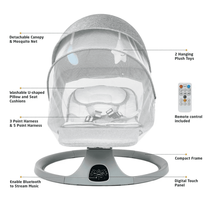 SACVON Baby Swing for Infants to Toddler, Baby Rocker for Infants with 5 Sway Ranges,Bluetooth Support Bouncers for 0-24 Months, Light Gray