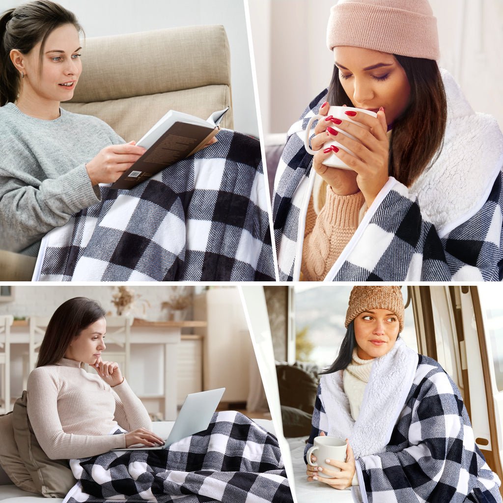 Wearable Electric Heating Blanket with Waistband and Sleeves - VECUKTY Cozy Plaid Heated Throw with 6 Heat Levels and Timer Settings - 50 x 70 inch,Gray